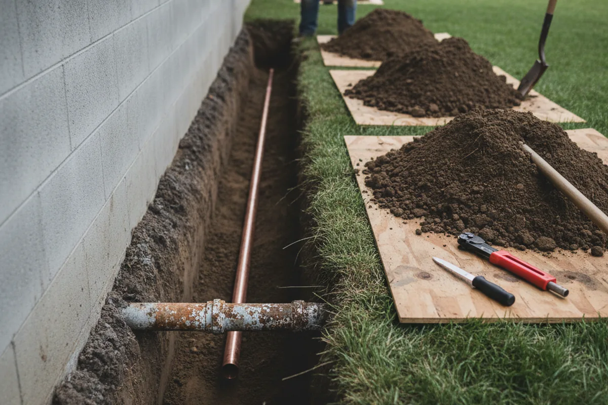 Excavated water line trench during Water Softener Installation in Pomerene